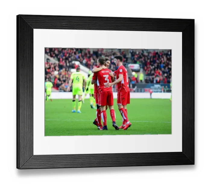 Framed Print : Bristol City Celebrates: Matthews, O'Dowda Congratulate Bryan on Goal vs. Reading (January 2017)