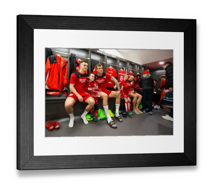 Framed Print : Bristol City Players and Mascots Unite in New Dressing Room Ahead of Sky Bet Championship Match against Sheffield Wednesday