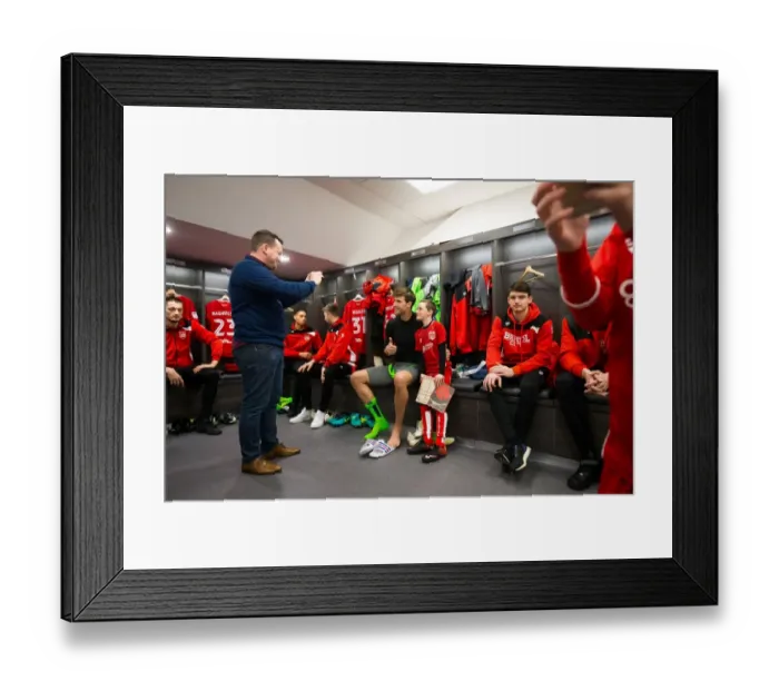 Framed Print : Bristol City Players Meet Mascots in New Dressing Room Before Sky Bet Championship Match against Sheffield Wednesday