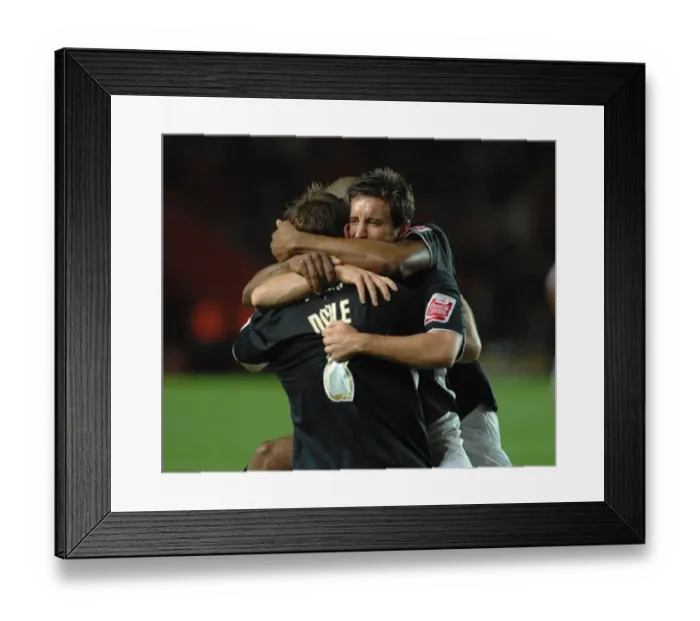 Framed Print : Lee Johnson celebrates with team mates david noble and marvin elliott Framed Print : Lee Johnson celebrates with team mates david noble and marvin elliott