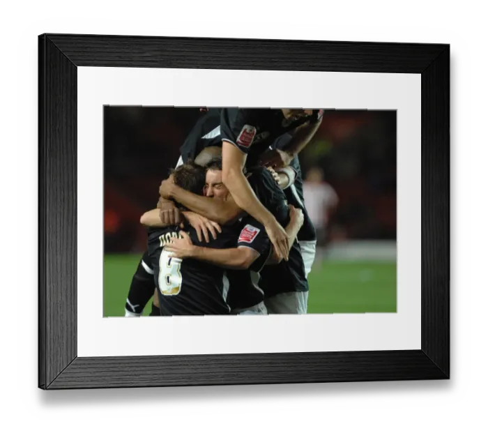 Framed Print : Lee Johnson celebrates with teammates