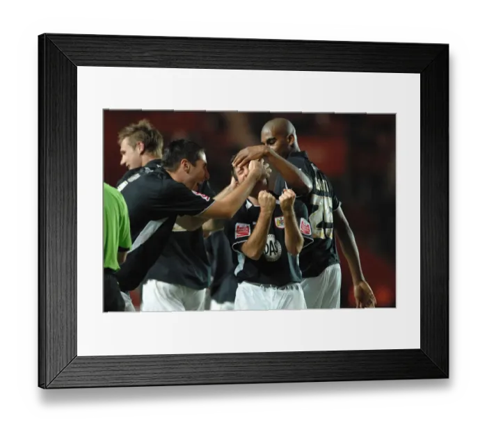 Framed Print : Lee Johnson celebrates with teammates bradley orr and marvin elliott Framed Print : Lee Johnson celebrates with teammates bradley orr and marvin elliott