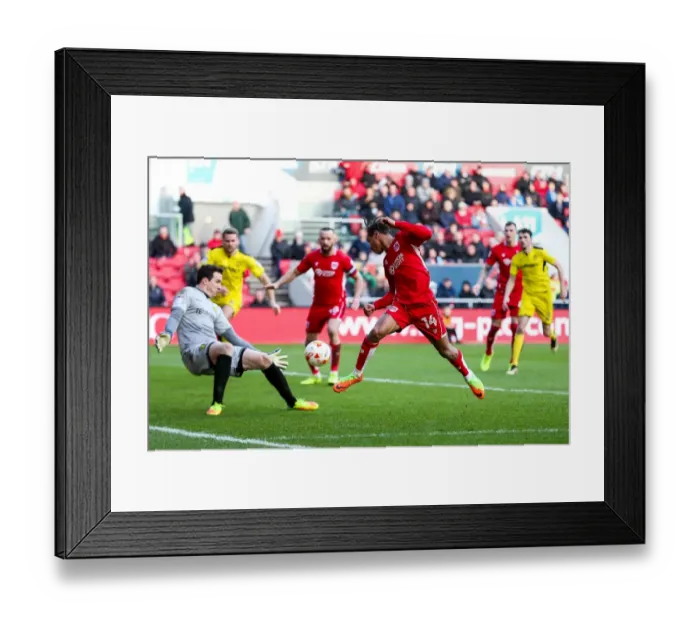 Framed Print : Bristol City vs Burton Albion: Bobby Reid's Shot Saved by Jon McLaughlin
