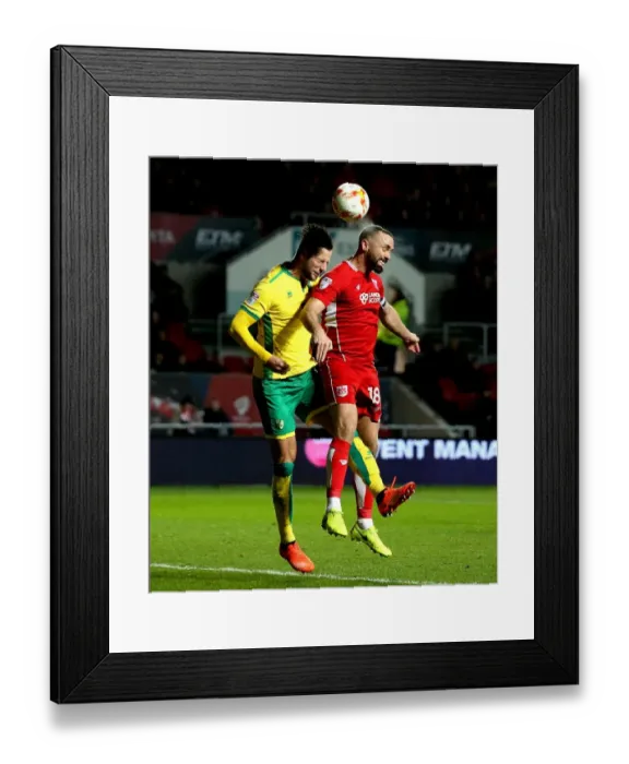 Framed Print : Bristol City's Aaron Wilbraham Outjumps Norwich City's Mitchell Dijks for a Header at Ashton Gate, 07-03-2017 Framed Print : Bristol City's Aaron Wilbraham Outjumps Norwich City's Mitchell Dijks for a Header at Ashton Gate, 07-03-2017