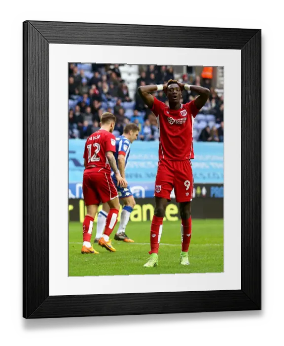 Framed Print : Tammy Abraham's Disappointment: A Missed Opportunity for Bristol City at Wigan Athletic Framed Print : Tammy Abraham's Disappointment: A Missed Opportunity for Bristol City at Wigan Athletic