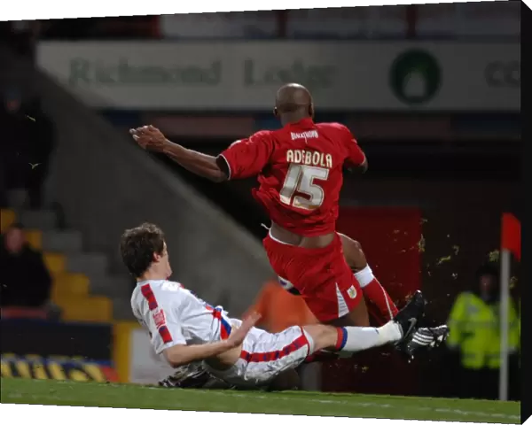 Dele Adebola Is brought down in the box bt Paddy McCarthy