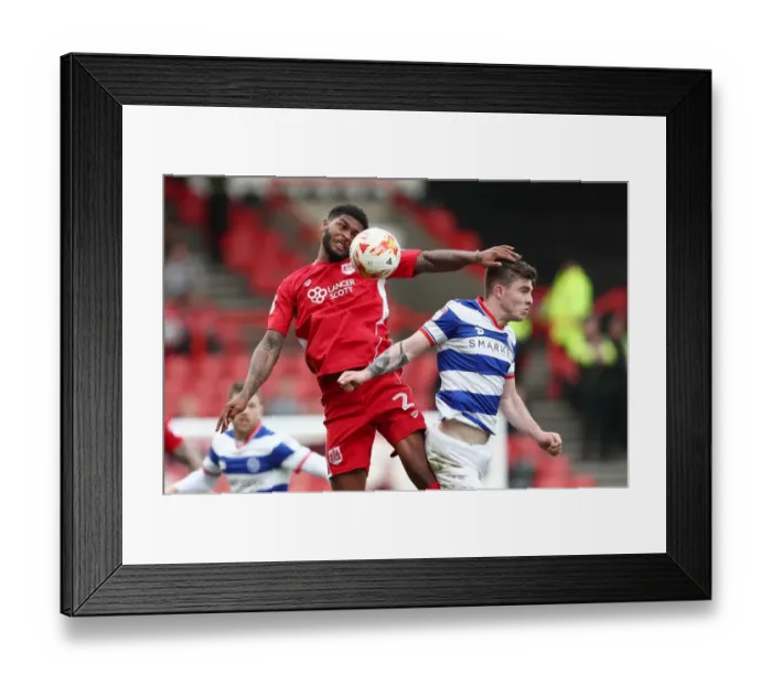 Framed Print : Aerial Clash: Mark Little vs. Ryan Manning - Bristol City vs. Queens Park Rangers Framed Print : Aerial Clash: Mark Little vs. Ryan Manning - Bristol City vs. Queens Park Rangers