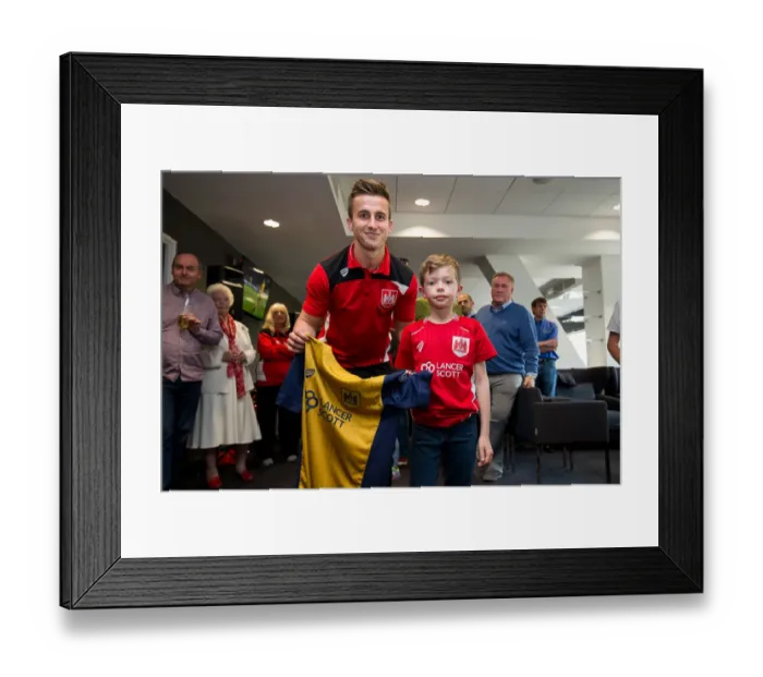 Framed Print : Bristol City's Joe Bryan Presents Sponsors with Signed Shirt after Championship Match against Birmingham City Framed Print : Bristol City's Joe Bryan Presents Sponsors with Signed Shirt after Championship Match against Birmingham City