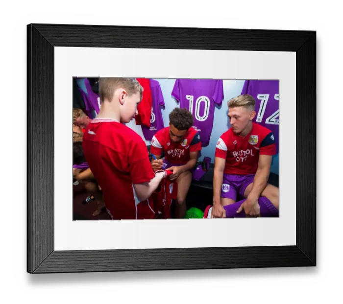 Framed Print : Bristol City Players Freddie Hinds and Jake Andrews Sign Autographs for Mascots during Pre-season Friendly against Bristol Manor Farm, 2017