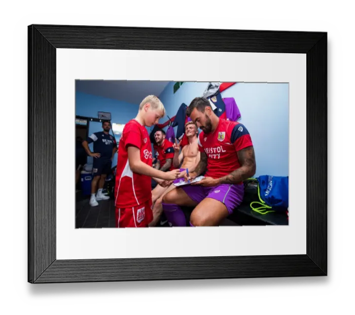 Framed Print : Marlon Pack of Bristol City Signs Autograph for Mascot at The Creek: Pre-season Friendly vs. Bristol Manor Farm (2017)