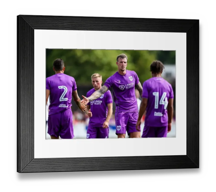 Framed Print : Bristol City Players Aden Flint, Eros Pisano, and Bobby Reid Celebrate after Pre-season Friendly Match vs. Bristol Manor Farm (2017)