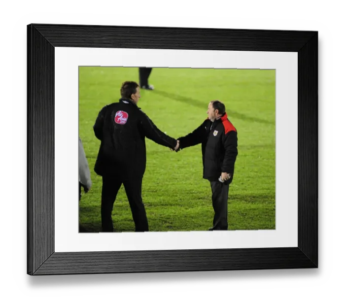 Framed Print : Collaborative Pitch Inspection: Managers and Match Officials of Plymouth Argyle and Bristol City Unite