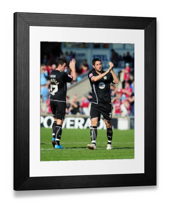 Framed Print : Bradley Orr and Ivan Sproule of Bristol City Show Appreciation to Traveling Fans vs Scunthorpe United, April 2010 (Championship Football Match)