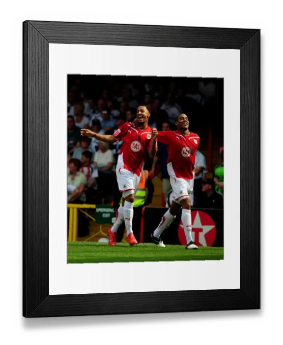 Framed Print : Goal Celebrations: Nicky Maynard and Marvin Elliott's Thrilling Moment as Bristol City Secures Championship Victory over Derby County (24 / 04 / 2010) Framed Print : Goal Celebrations: Nicky Maynard and Marvin Elliott's Thrilling Moment as Bristol City Secures Championship Victory over Derby County (24 / 04 / 2010)