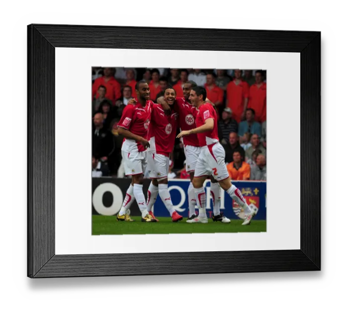 Framed Print : Goal Celebrations: Nicky Maynard, Danny Haynes, Bradley Orr, and Marvin Elliott of Bristol City after Scoring against Derby County, 24 / 04 / 2010 (Bristol City v Derby County, Championship, Ashton Gate Stadium) Framed Print : Goal Celebrations: Nicky Maynard, Danny Haynes, Bradley Orr, and Marvin Elliott of Bristol City after Scoring against Derby County, 24 / 04 / 2010 (Bristol City v Derby County, Championship, Ashton Gate Stadium)