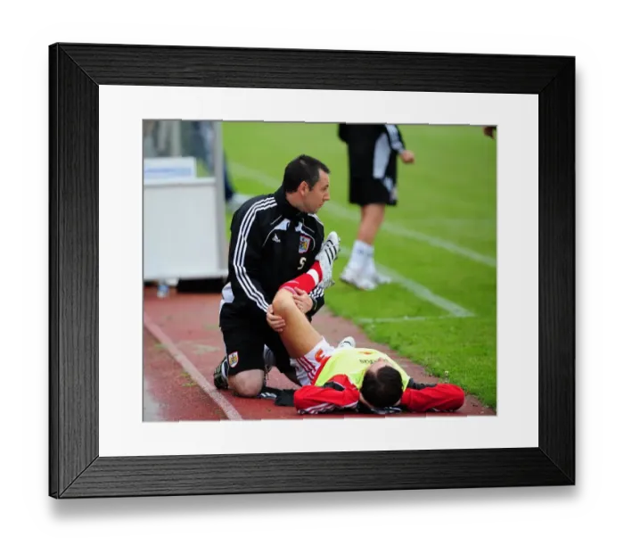 Framed Print : Bristol Citys Jamie McAllister is stretched by Glenn Schmidt Framed Print : Bristol Citys Jamie McAllister is stretched by Glenn Schmidt
