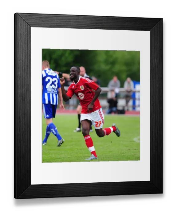Framed Print : Adomah's Thrilling Goal Celebration: Bristol City's Triumph at IFK Gothenburg Framed Print : Adomah's Thrilling Goal Celebration: Bristol City's Triumph at IFK Gothenburg