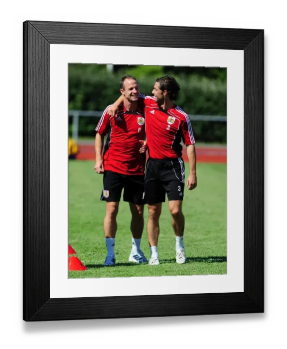 Framed Print : Bristol Citys Jamie McAllister with Bristol City Captain, Louis Carey