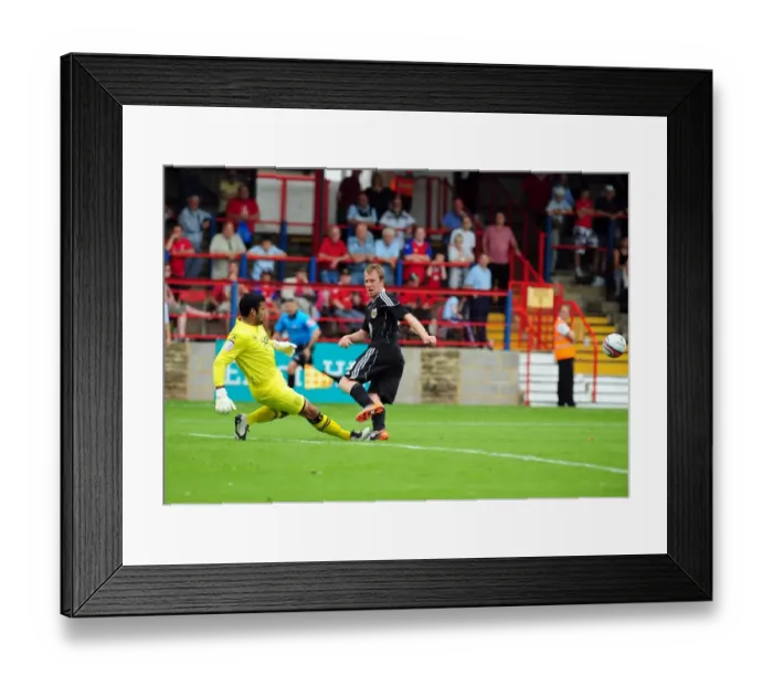Framed Print : Bristol Citys David Clarkson sees his shot saved by Aldershots Jamie Young Framed Print : Bristol Citys David Clarkson sees his shot saved by Aldershots Jamie Young