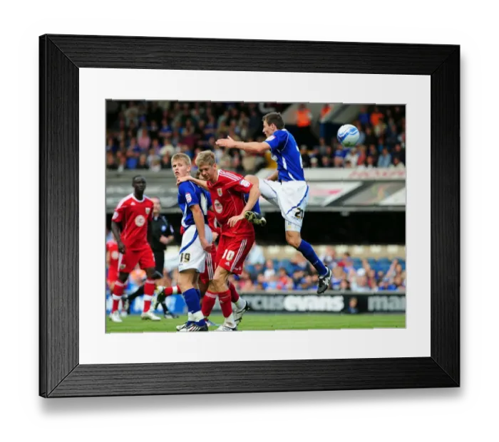 Framed Print : Bristol City's Jon Stead Fights for Aerial Ball Amidst Ipswich Defenders Tommy Smith and Luke Hyam, Championship Match, August 2010