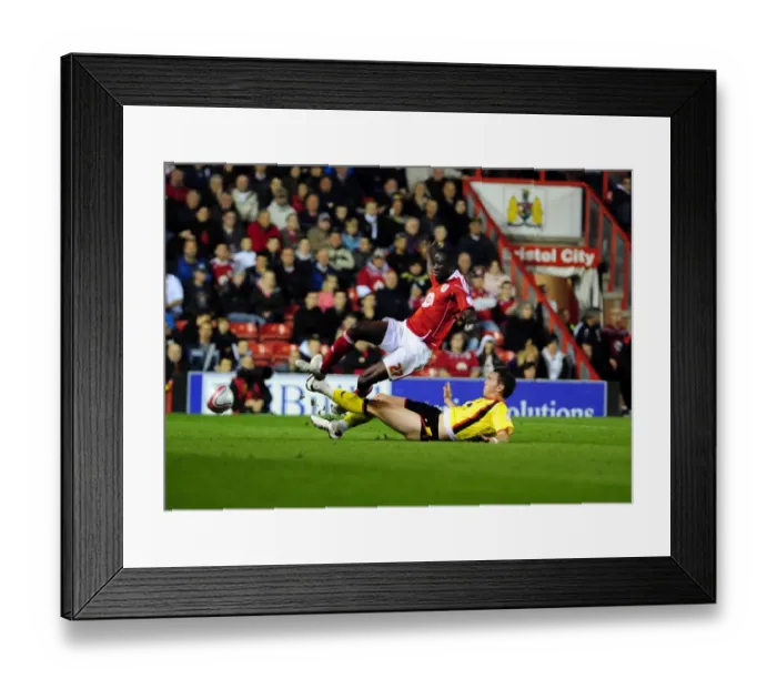 Framed Print : Bristol City's Albert Adomah Fouled by Jordan Mutch in Championship Match against Watford (14 / 09 / 2010)