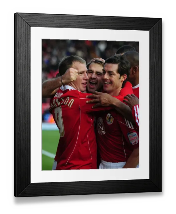 Framed Print : Double the Thrill: Pitman and McAllister's Unforgettable Goal Celebration (Bristol City vs. Sheffield United, 2010)