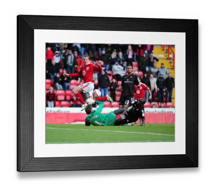 Framed Print : David Clarkson's Thwarted Shot by Steve Simonsen: A Championship Showdown between Bristol City and Sheffield United - 27th November 2010