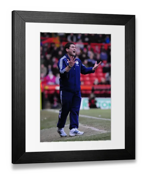 Framed Print : Nigel Clough's Furious Reaction: Derby County vs. Bristol City Championship Clash at Ashton Gate Stadium (11 / 12 / 2010)