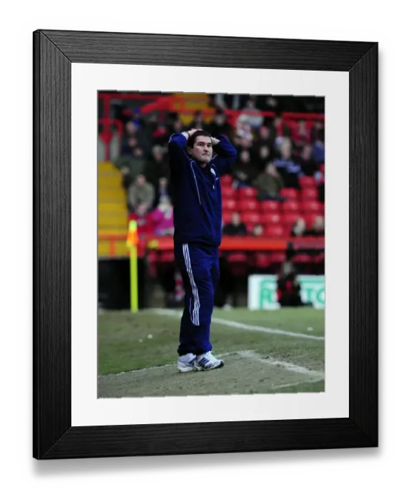 Framed Print : Nigel Clough's Fury Unleashed: Derby County vs. Bristol City Championship Clash at Ashton Gate (11-12-2010)