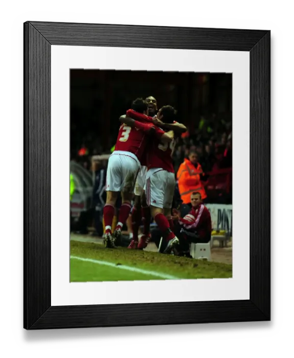 Framed Print : Bristol City's Brett Pitman Celebrates Championship Goal with Team Mates vs. Derby County (11-12-2010)