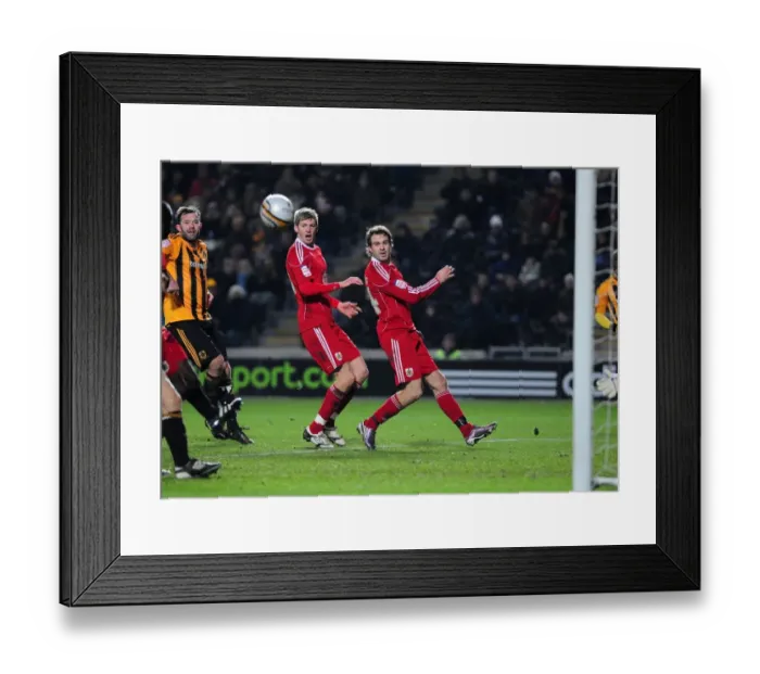 Framed Print : Moments Away: A Missed Connection - Stead and Pitman at the Brink of Glory with Rose's Cross (Bristol City vs. Hull City, Championship Football Match, 18 / 12 / 2010)