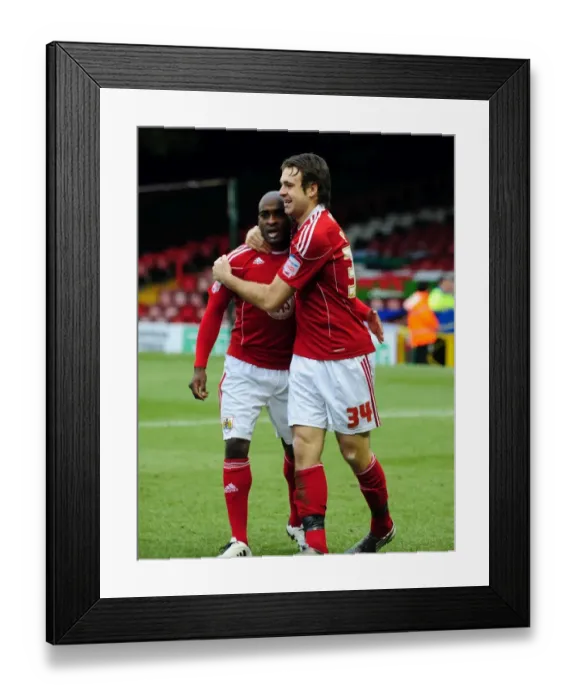 Framed Print : Bristol City's Brett Pitman and Jamal Campbell-Ryce Celebrate Goal Against Cardiff City - Championship Match, January 1, 2011 - Ashton Gate Stadium Framed Print : Bristol City's Brett Pitman and Jamal Campbell-Ryce Celebrate Goal Against Cardiff City - Championship Match, January 1, 2011 - Ashton Gate Stadium