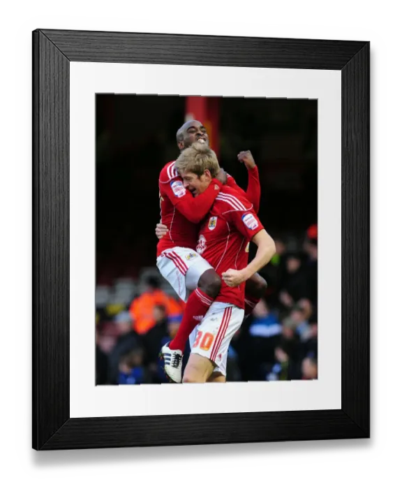 Framed Print : Bristol City: Double Celebration - Campbell-Ryce and Stead Rejoice in Championship Victory over Cardiff City (01 / 01 / 2011) Framed Print : Bristol City: Double Celebration - Campbell-Ryce and Stead Rejoice in Championship Victory over Cardiff City (01 / 01 / 2011)