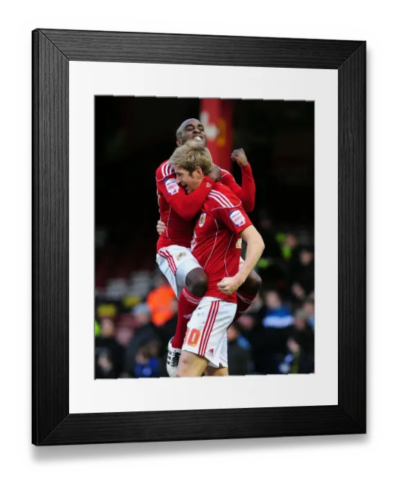 Framed Print : Bristol City's Jamal Campbell-Ryce and Jon Stead Celebrate Goal Against Cardiff City - Championship Match, January 1, 2011 - Ashton Gate Stadium
