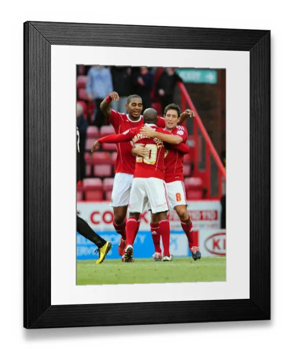 Framed Print : Bristol City's Lee Johnson and Jamal Campbell-Ryce, Marvin Elliott Celebrate Goal Against Cardiff City - Championship Match, January 1, 2011 - Ashton Gate Stadium Framed Print : Bristol City's Lee Johnson and Jamal Campbell-Ryce, Marvin Elliott Celebrate Goal Against Cardiff City - Championship Match, January 1, 2011 - Ashton Gate Stadium