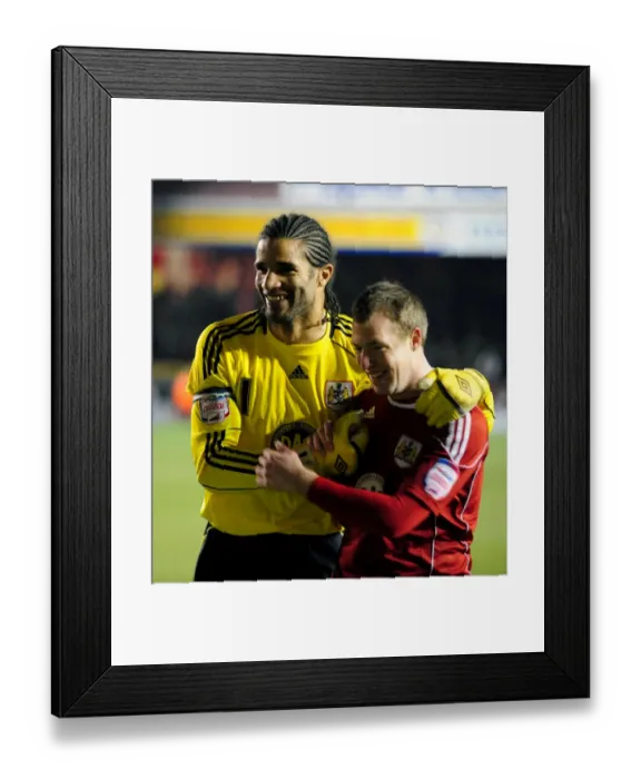 Framed Print : Bristol City: David James and David Clarkson Celebrate Goal Against Cardiff City (01.01.2011)