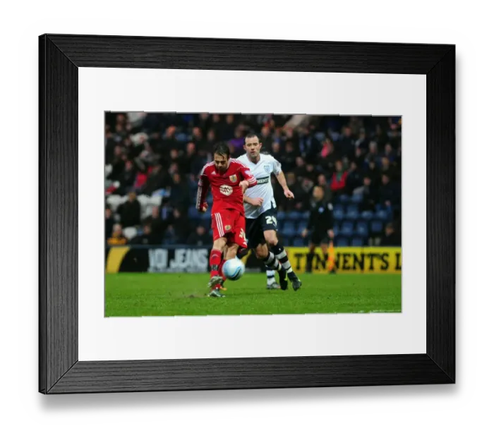Framed Print : Brett Pitman's Shot for Goal: Preston v Bristol City Championship Clash at Deepdale Stadium (05 / 02 / 2011) Framed Print : Brett Pitman's Shot for Goal: Preston v Bristol City Championship Clash at Deepdale Stadium (05 / 02 / 2011)