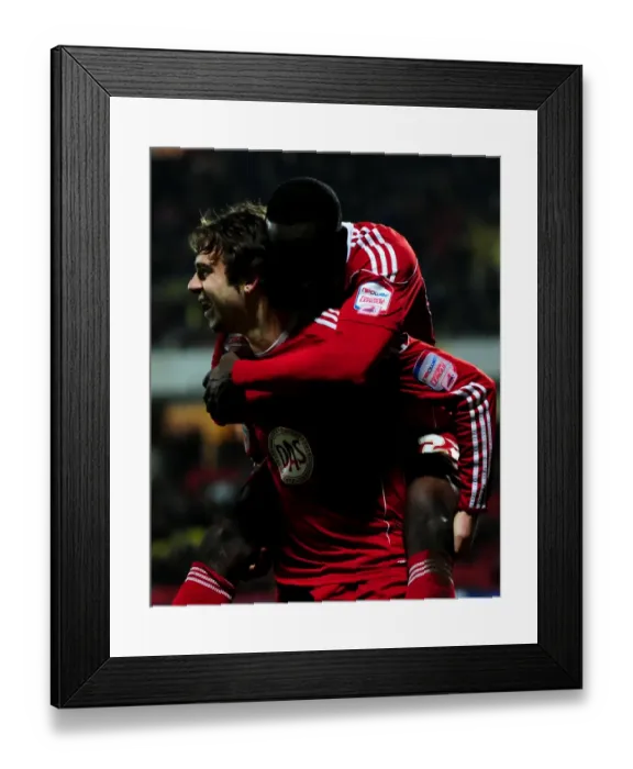 Framed Print : Bristol City's Unforgettable Moment: Brett Pitman's Championship-Winning Goal Celebrated by Albert Adomah (22 / 02 / 2011) Framed Print : Bristol City's Unforgettable Moment: Brett Pitman's Championship-Winning Goal Celebrated by Albert Adomah (22 / 02 / 2011)