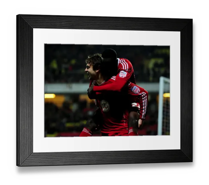 Framed Print : Unforgettable Moment: Brett Pitman's Game-winning Goal for Bristol City against Watford in the Championship (2011) - A Celebration to Remember with Albert Adomah
