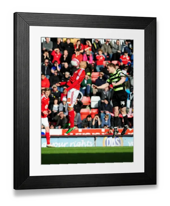 Framed Print : Intense Aerial Clash: Maynard vs. Nelson at Ashton Gate, Bristol City vs. Scunthorpe United, Championship 2010 Framed Print : Intense Aerial Clash: Maynard vs. Nelson at Ashton Gate, Bristol City vs. Scunthorpe United, Championship 2010