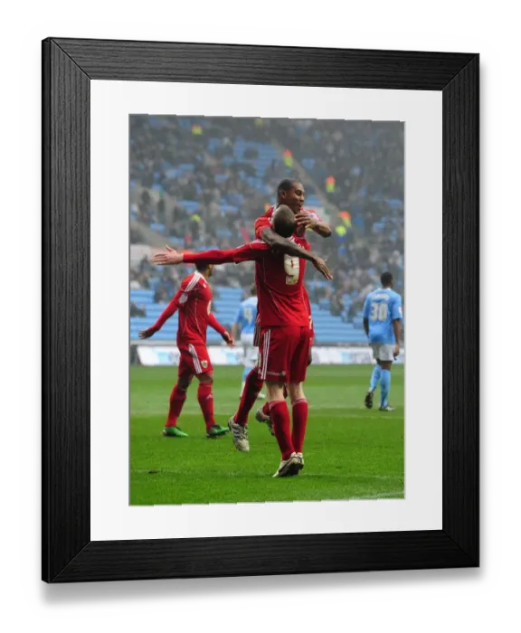 Framed Print : Bristol City: David Clarkson and Marvin Elliott's Euphoric Moment as They Celebrate Goal Against Coventry City in Championship Match, 05 / 03 / 2011 Framed Print : Bristol City: David Clarkson and Marvin Elliott's Euphoric Moment as They Celebrate Goal Against Coventry City in Championship Match, 05 / 03 / 2011