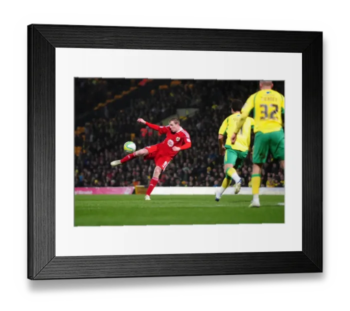 Framed Print : David Clarkson's Thrilling Volley: Norwich City vs. Bristol City, Championship Clash (14-03-2011)