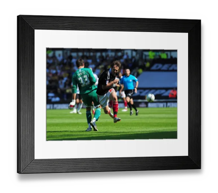 Framed Print : Thwarted Goal: Brett Pitman's Dramatic Near-Miss Against Derby County in the Championship Showdown, April 2011