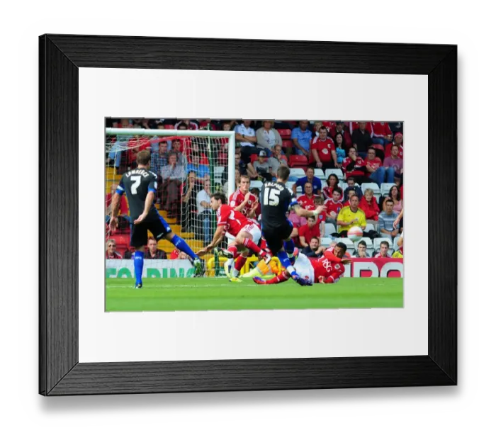 Framed Print : Defiant Moment: Maynard and McAllister Block Halford's Free Kick for Bristol City in 2008-09 Championship Clash Framed Print : Defiant Moment: Maynard and McAllister Block Halford's Free Kick for Bristol City in 2008-09 Championship Clash