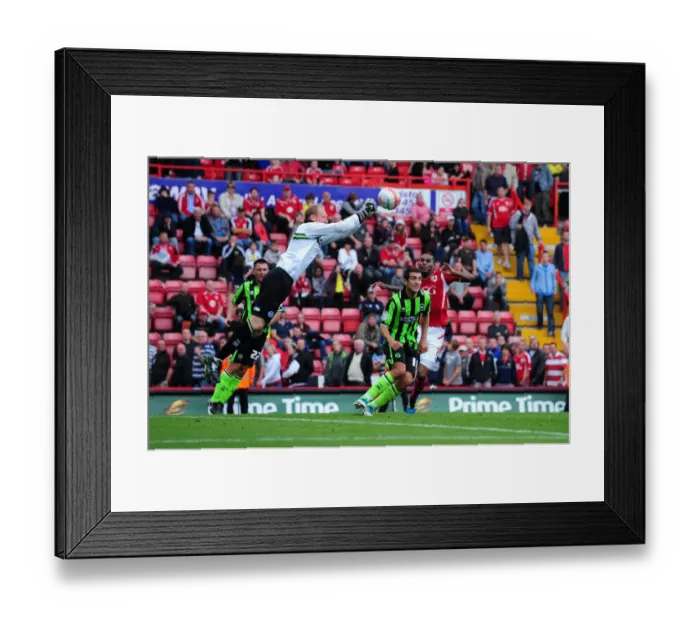 Framed Print : Bristol City vs. Brighton: Ankergren Clears the Ball in Championship Clash at Ashton Gate, September 10, 2011