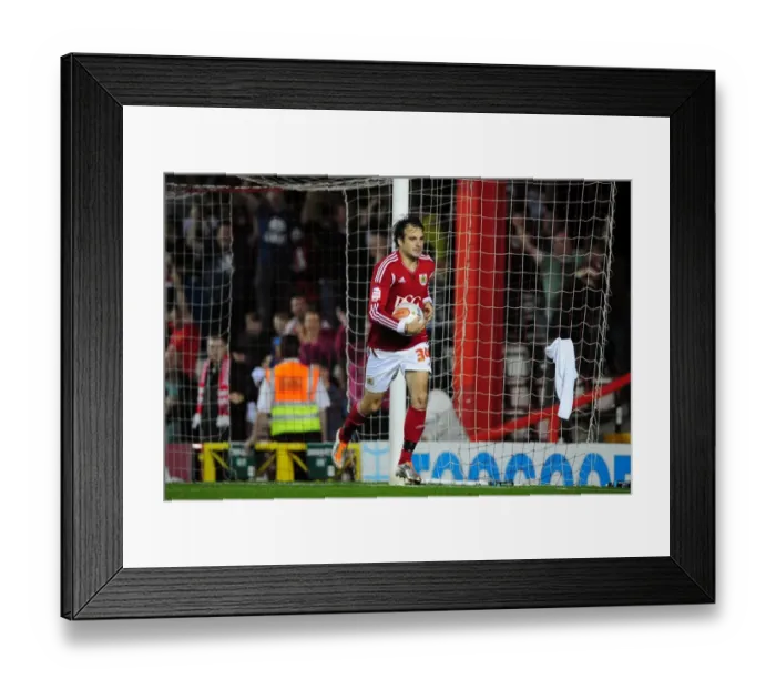 Framed Print : Brett Pitman's Euphoric Goal Celebration: Championship 2011 - Bristol City vs. Reading at Ashton Gate Stadium