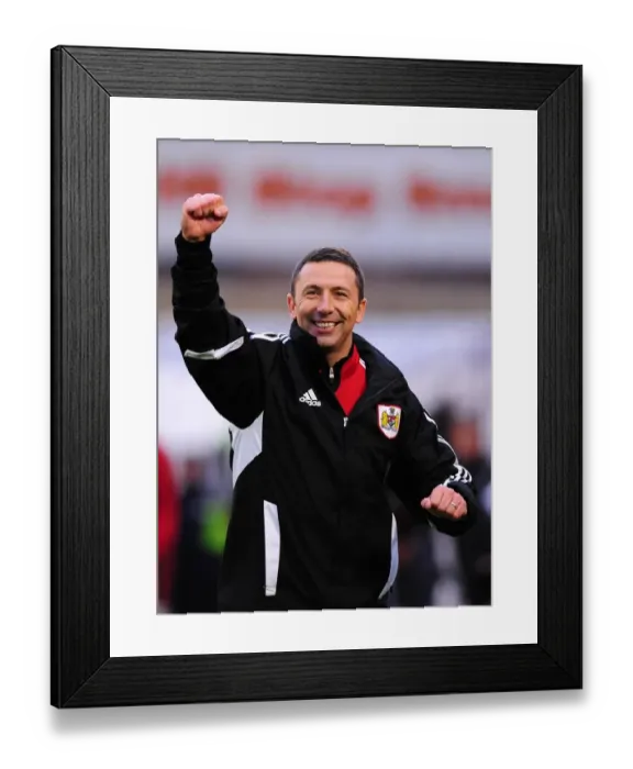 Framed Print : Derek McInnes Celebrates First Win as Bristol City Manager vs Barnsley, October 2011 (Editorial Use Only)