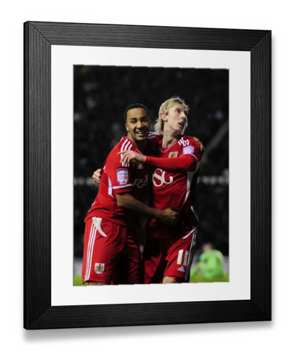 Framed Print : Euphoria at Pride Park: Woolford and Maynard's Goal Celebration for Bristol City in Derby County Championship Clash (10 / 12 / 2011)