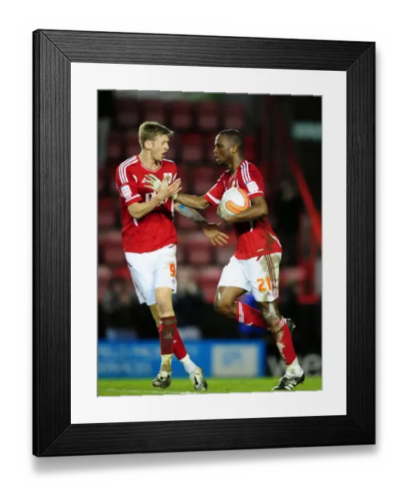 Framed Print : Bristol City's Kalifa Cisse and Jon Stead Celebrate Goal Against Leicester City, Ashton Gate Stadium, 2012 Framed Print : Bristol City's Kalifa Cisse and Jon Stead Celebrate Goal Against Leicester City, Ashton Gate Stadium, 2012