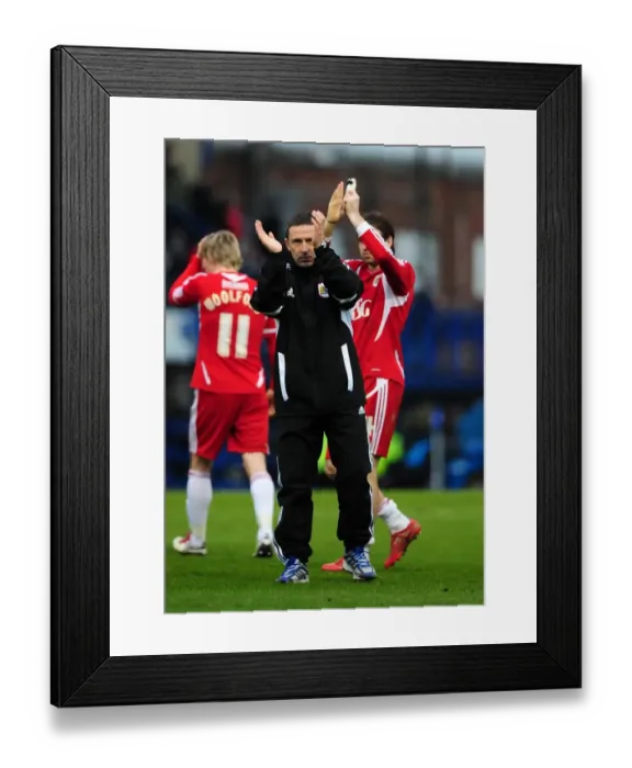 Framed Print : Derek McInnes Appreciates Bristol City Fans at Portsmouth Game, 17th March 2012 Framed Print : Derek McInnes Appreciates Bristol City Fans at Portsmouth Game, 17th March 2012